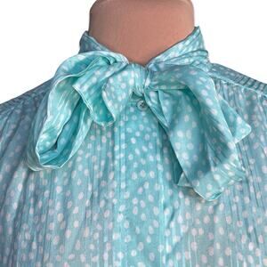 Vintage Bow Neck Blouse Pastel Aqua Polka Dot Ladylike Romantic Whimsical Top